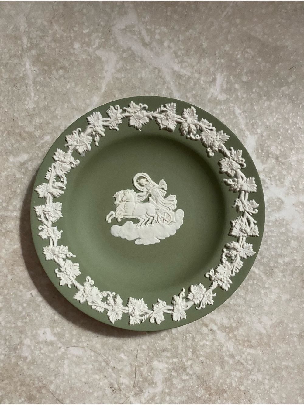 Vintage Wedgwood Sage Green
Jasperware Trinket Dish - Aurora Chariot 4.5"